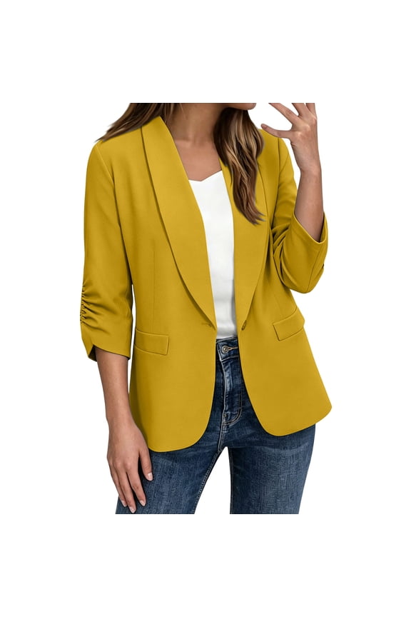 Womens Blazers Business Casual Tops Open Front Ruched 3/4 Sleeve Fall Fashion Work Suits Jackets