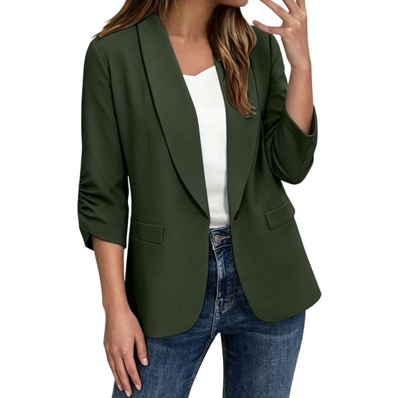 cfhntfmh Womens Blazers Business Casual Tops Open Front Ruched 3/4 Sleeve Fall Fashion Work Suits Jackets
