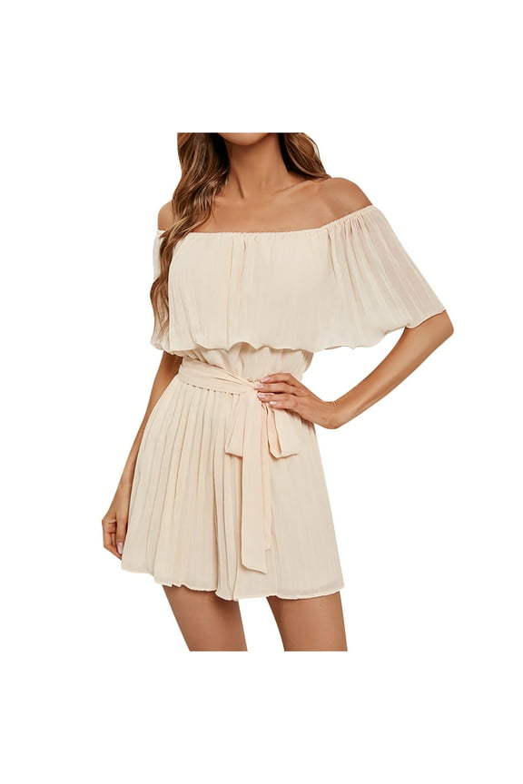 Womens Boho off Shoulder Romper Strapless Short Sleeve Jumpsuits Pleated Ruffled Hem Shorts Beach Playsuits