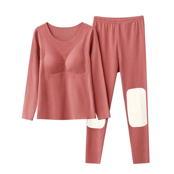 cfhntfmh Womens Built in Bra Pajamas Sets Long Sleeve Crew Neck Nightshirts with Long Pants Pjs Sleepwear Thermal Underwear Set for Women