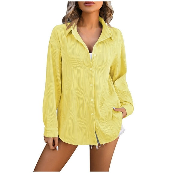 cfhntfmh Womens Button down Shirts Casual Stretchy Long Sleeve Dress Shirt Trendy Fall Textured Solid Color Basic Tops