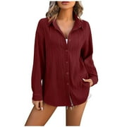 CFHNTFMH Womens Button down Shirts Casual Stretchy Long Sleeve Dress Shirt Trendy Fall Textured Solid Color Basic Tops