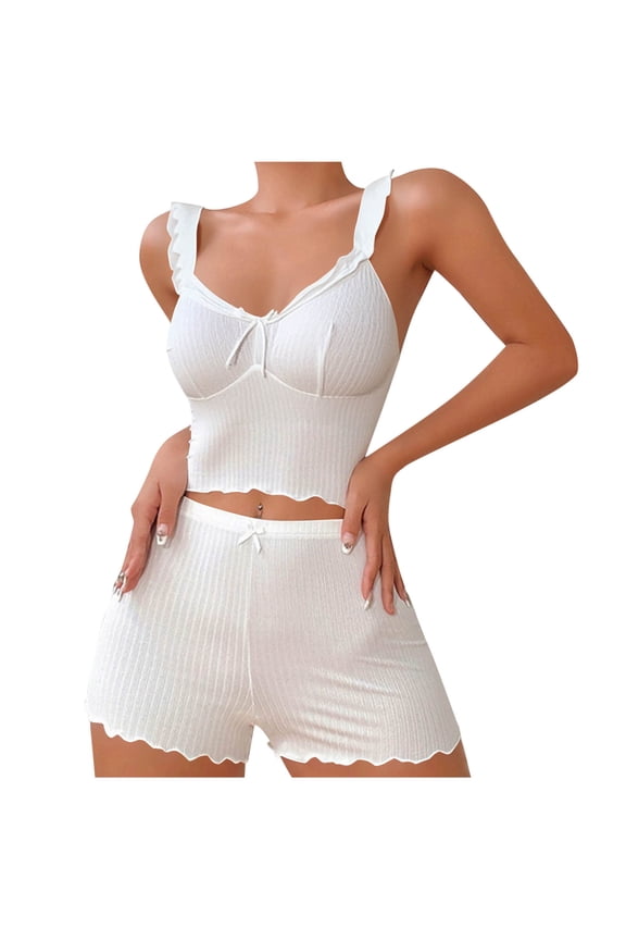 Womens Cami Pajama Sets Sleeveless Tank Top Soft Shorts Sleep Set Camisole 2 Piece Cami Shorts Pj Nightwear(White,Large)