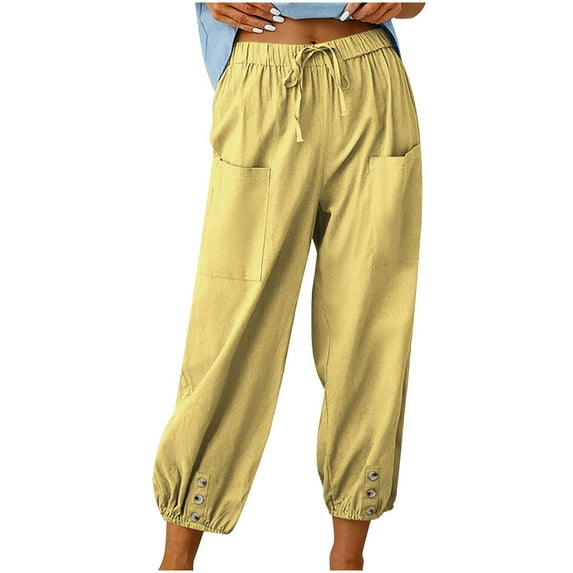 cfhntfmh Womens Capri Pants Elastic Waist Drawstring Bottom Button Cotton Linen Loose Casual Trousers with Pockets