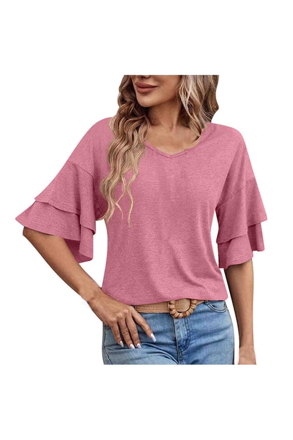 Womens Casual Blouses Summer Fashion Double Layered Half Sleeve Tops Crewneck Loose Plain T-Shirts