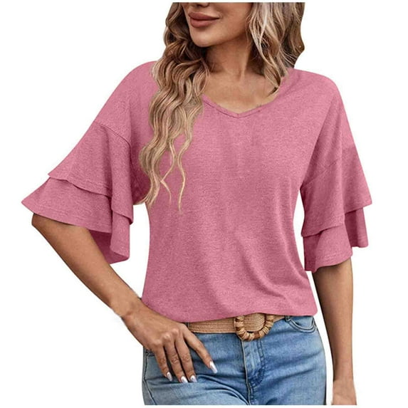 cfhntfmh Womens Casual Blouses Summer Fashion Double Layered Half Sleeve Tops Crewneck Loose Plain T-Shirts