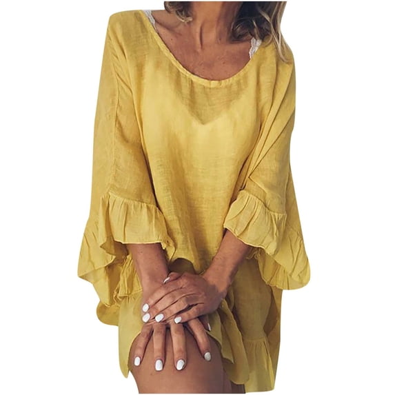 cfhntfmh Womens Casual Dress 3/4 Sleeve Comfy T-Shirt Dresses Crewneck Summer Plain Ruffled Beach Cover up Mini Dress