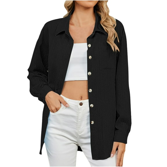 cfhntfmh Womens Casual Shirts Loose Lapel Neck Long Sleeve Buttons down Blouses Fall Lounge Solid Color Jackets with Pockets