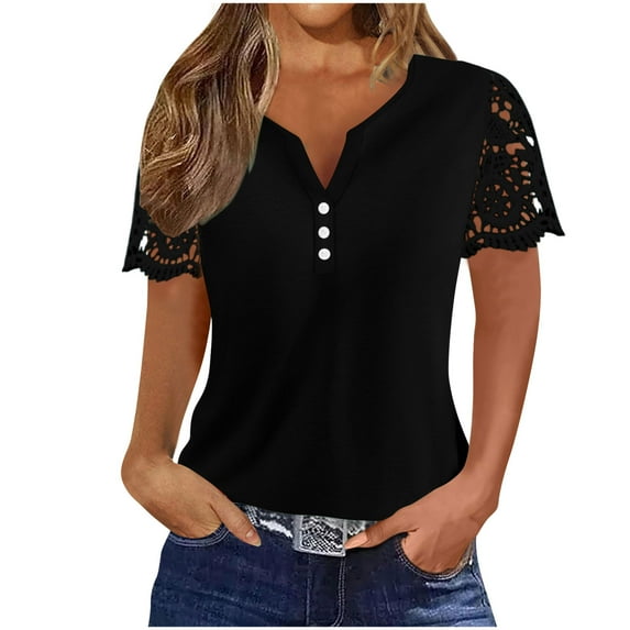cfhntfmh Womens Casual Tops Lace Patchwork Short Sleeve V Neck Buttons Tees Shirts Lounge Summer Solid Color Blouses