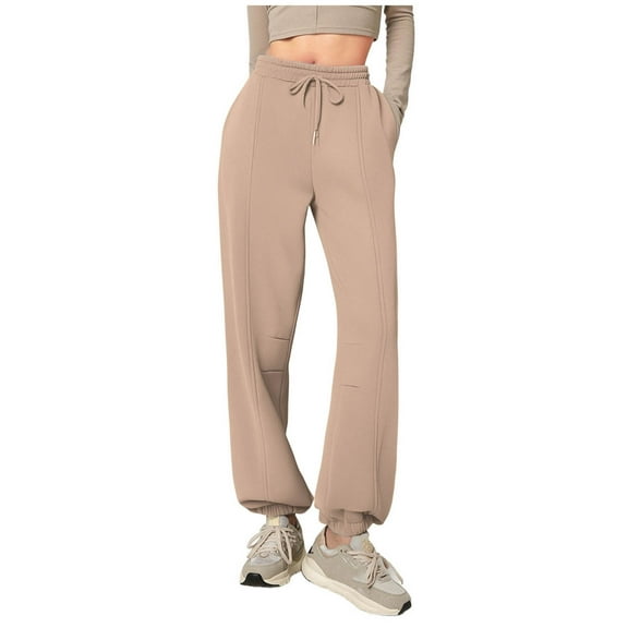 cfhntfmh Womens Cinch Bottom Sweatpants Fleece Lined Stretchy Waist Sporty Gym Athletic Fit Jogger Pants Lounge Trousers with Pocket(Khaki,XX-Large)