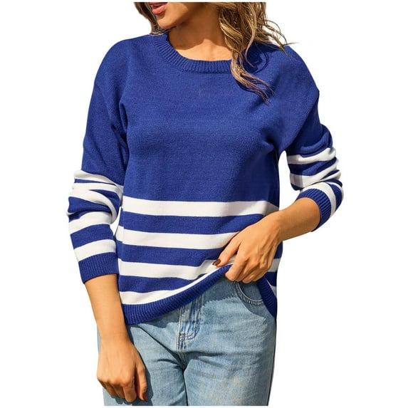 cfhntfmh Womens Color Block Sweaters Long Sleeve Crewneck Pullover Fall Winter Knit Tops Striped Casual Thermal Outfits
