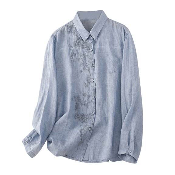 cfhntfmh Womens Cotton Linen Shirts Button down Long Sleeve Collared V Neck Tops Casual Work Business Tunics Blouses