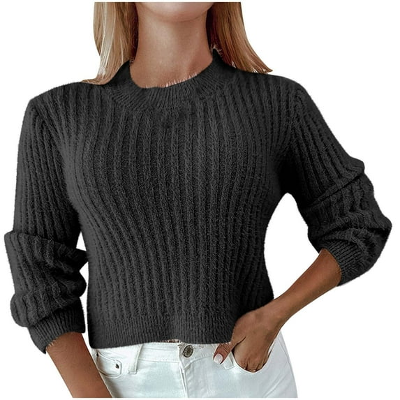 cfhntfmh Womens Crew Neck Cropped Sweaters Ribbed Knit Long Sleeve Crop Tops Fall Fashion Sweater Pullover Thermal Clothes(Black,Large)
