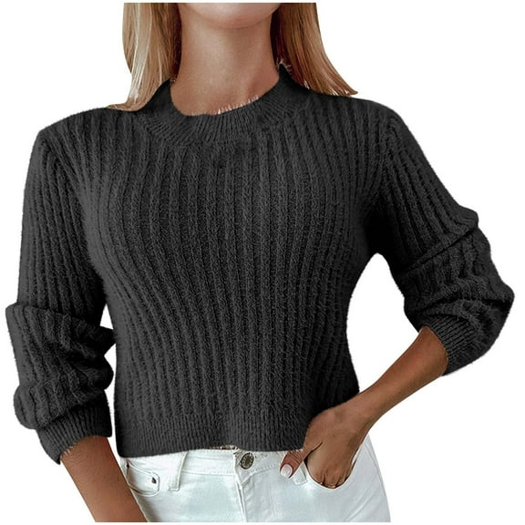 cfhntfmh Womens Crew Neck Cropped Sweaters Ribbed Knit Long Sleeve Crop Tops Fall Fashion Sweater Pullover Thermal Clothes（Black,Medium)