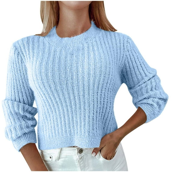 cfhntfmh Womens Crew Neck Cropped Sweaters Ribbed Knit Long Sleeve Crop Tops Fall Fashion Sweater Pullover Thermal Clothes(Blue,Large)