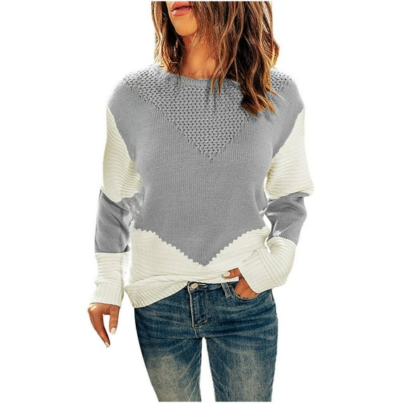 cfhntfmh Womens Crochet Sweater Crewneck Long Sleeve Pullover Color Block Oversized Ribbed Sweaters Fashion Tops for Women（Gray,Medium)