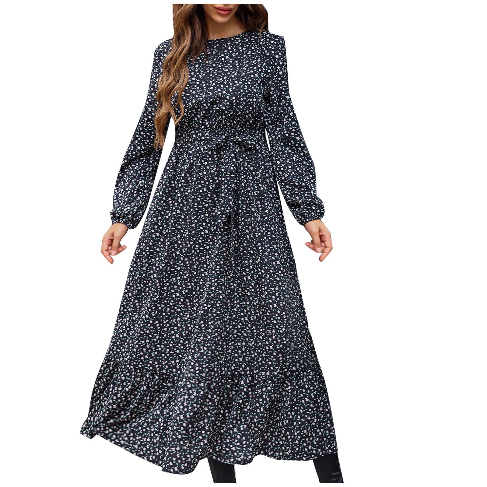 Cfhntfmh Womens Dress Womens Floral Printed Fall Maxi Dress Long Sleeve Tie Waist Loose Comfy Long Dress Crewneck Casual Flowy Maxi Dress