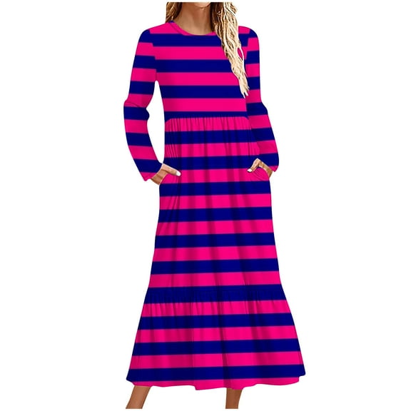 cfhntfmh Womens Dresses Trendy Stripe Printed Crew Neck Long Sleeve Maxi Dress Fall Ruffle Tiered Dress with Pockets