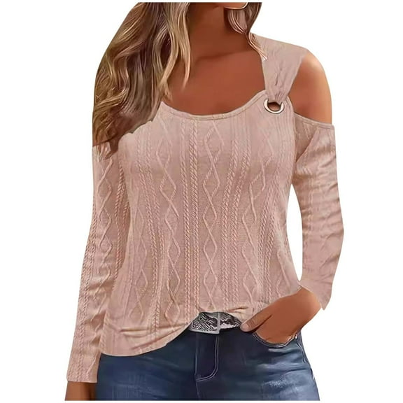 cfhntfmh Womens Dressy Casual Shirts Lounge Scoop Neck Long Sleeve Tunic Tops Trendy Cold Shoulder Cable Knit T-Shirts