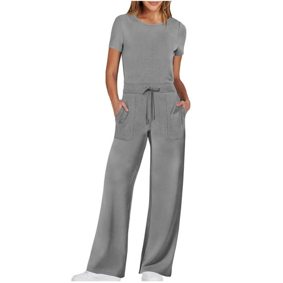 cfhntfmh Womens Elegant Jumpsuit Fashion Crewneck Short Sleeve Lounge Rompers with Pockets Straight Leg Long Pants Outfits