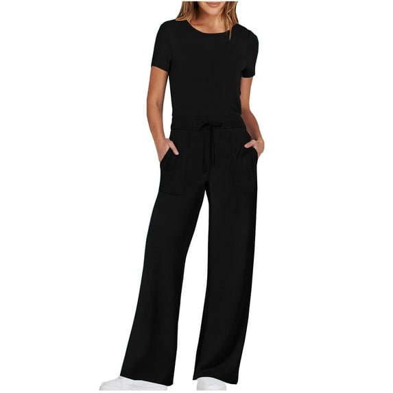 cfhntfmh Womens Elegant Jumpsuit Fashion Crewneck Short Sleeve Lounge Rompers with Pockets Straight Leg Long Pants Outfits