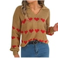 thumbnail image 1 of cfhntfmh Womens Fall Sweaters Long Sleeve Collared V Neck Casual Fall Winter Pullover Sweater Valentine Heart Sweater（Khaki,Small), 1 of 7