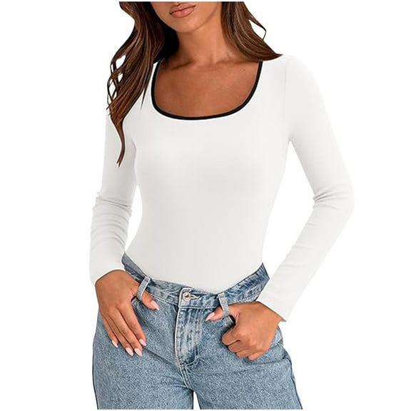 cfhntfmh Womens Fall Tops Fashion Long Sleeve Square Neck Slim Basic T Shirts Color Block Going out Shirt