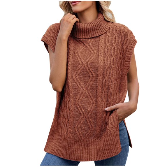 cfhntfmh Womens Fall Tops Trendy Sweater Vest Women Knit Tank Tops Turtleneck Cap Sleeve Loose Shirts Vacation Casual Outfits