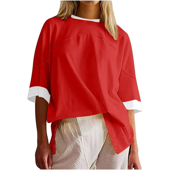 cfhntfmh Womens Fashion T-Shirts Crewneck Half Sleeve Color Block Basic Tops Casual Loose Side Slit Summer Shirts