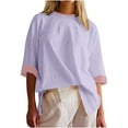 thumbnail image 1 of cfhntfmh Womens Fashion T-Shirts Crewneck Half Sleeve Color Block Basic Tops Casual Loose Side Slit Summer Shirts, 1 of 7