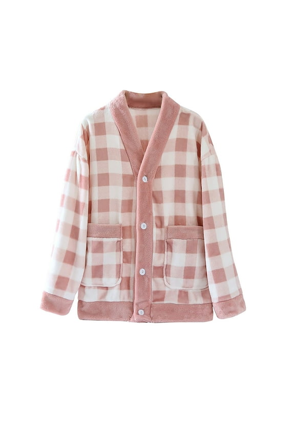 Womens Fuzzy Fleece Coat with Pockets Soft V Neck Plaid Pj Plush Jacket Sherpa Loose Winter Warm Pajama Tops Sleepwear(Pink,Large)