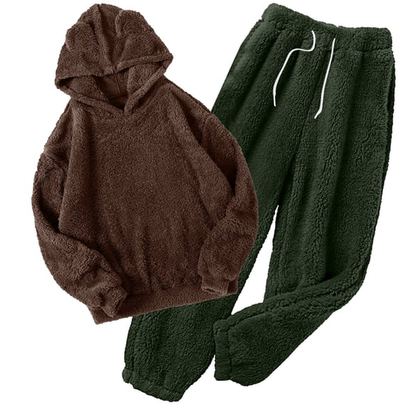 XuJwPNcy Womens Fuzzy Sherpa Pajamas Set Long Sleeve Fleece Hoodies with Pajama Pants 2 Piece Matching Outfits(Army Green,XX-Large)