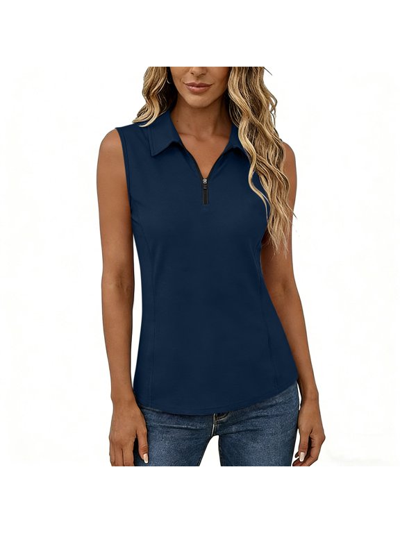 Womens Golf Shirts Sleeveless 1/4 Zip Collared Shirt Summer Workout Tank Tops Slim Fit Athletic Tennis Tops