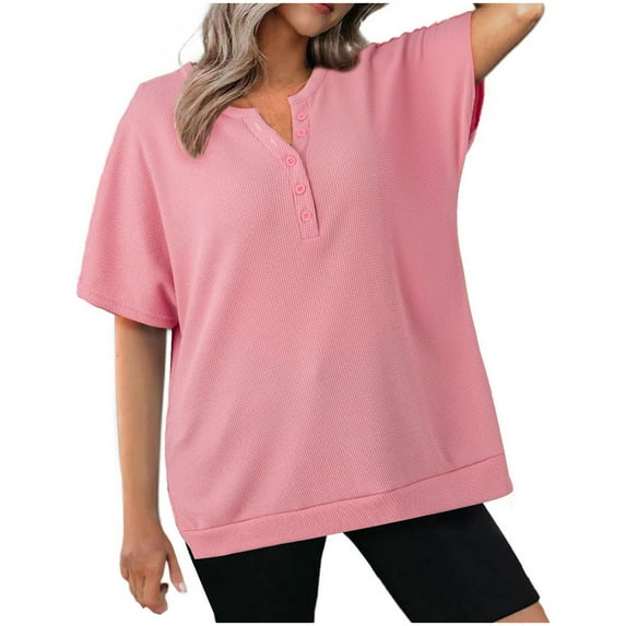 cfhntfmh Womens Knit Tops V Neck Buttons Athletic Side Split Soft T-Shirt Flowy Short Sleeve Summer Tees