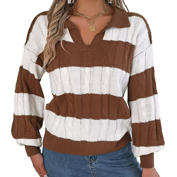 cfhntfmh Womens Lightweight Oversized Color Block Sweater Spring Trendy Striped Knit Collared V Neck Pullover Tops（Coffee,Medium)