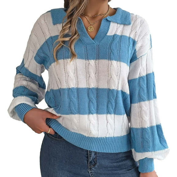 cfhntfmh Womens Lightweight Oversized Color Block Sweater Spring Trendy Striped Knit Collared V Neck Pullover Tops（Sky Blue,Small)