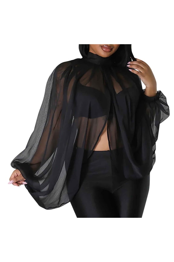Womens Long Lantern Sleeve Chiffon Blouses Dressy High Neck Front Back Open Self Tie Tops Casual Shirts Tunics Black