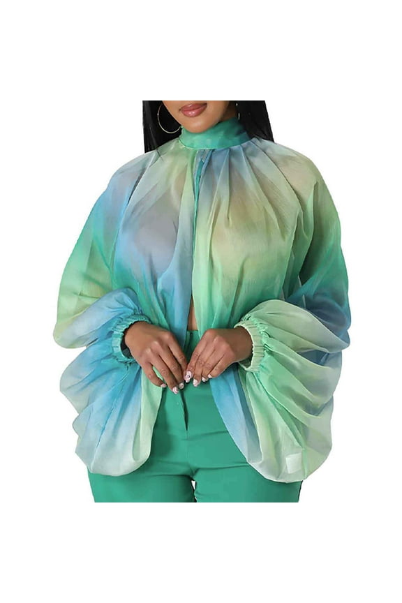 Womens Long Lantern Sleeve Chiffon Blouses Dressy High Neck Front Back Open Self Tie Tops Casual Shirts Tunics Green 1