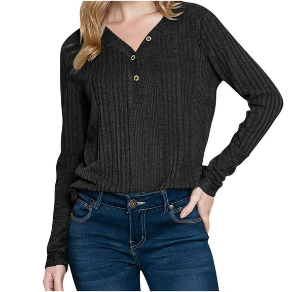 cfhntfmh Womens Long Sleeve Henley Shirts Knitted Tunic Tops Ribbed Knit Sweaters Business Casual Blouse Loose Fit Pullover