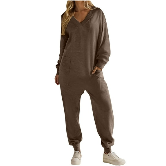 cfhntfmh Womens Long Sleeve Jumpsuit Casual Loose Baggy Overalls Comfy V Neck Jogger Pants Romper with Pockets