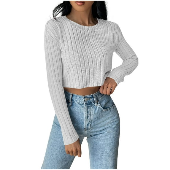 cfhntfmh Womens Long Sleeve Ribbed Shirts Crop Going out Tops Slim Fit Round Neck Knit Sweater Fall Fashion Outfits for Women