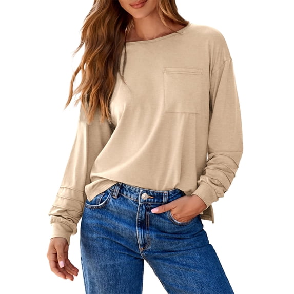 cfhntfmh Womens Long Sleeve Shirts Basic Tee with Pocket Business Casual Outfits Fall Fashion Clothes for Women