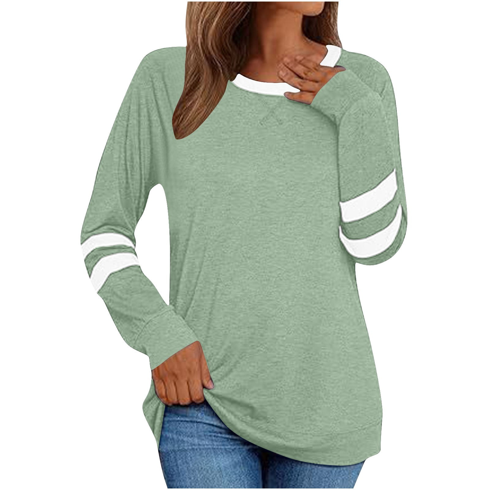 cfhntfmh Womens Long Sleeve Shirts Color Block Casual Crewneck Tops