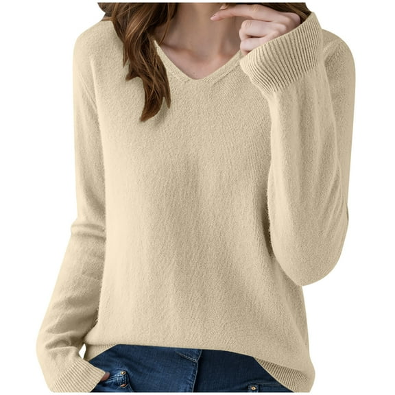 cfhntfmh Womens Long Sleeve Shirts V Neck Casual Sweaters Loose Basic Fall Fashion Trendy Basic Outfits Clothes