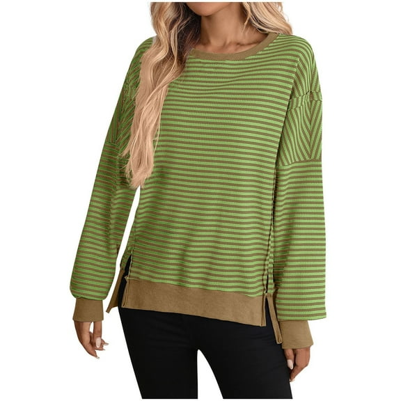 cfhntfmh Womens Long Sleeve Striped Shirts Casual Color Block Crew Neck Sweatshirt Oversized Side Split Classic Tshirt