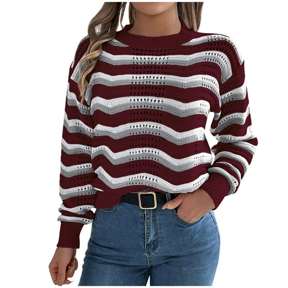 cfhntfmh Womens Long Sleeve Sweater Casual Crewneck Knit Shirt Tops Spring Fall Striped Color Block Crochet Sweaters