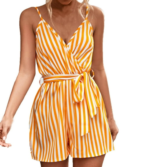 cfhntfmh Womens Loose Sleeveless Jumpsuits Spaghetti Strap V Neck Tops Striped Adjustable Belt Shorts Rompers