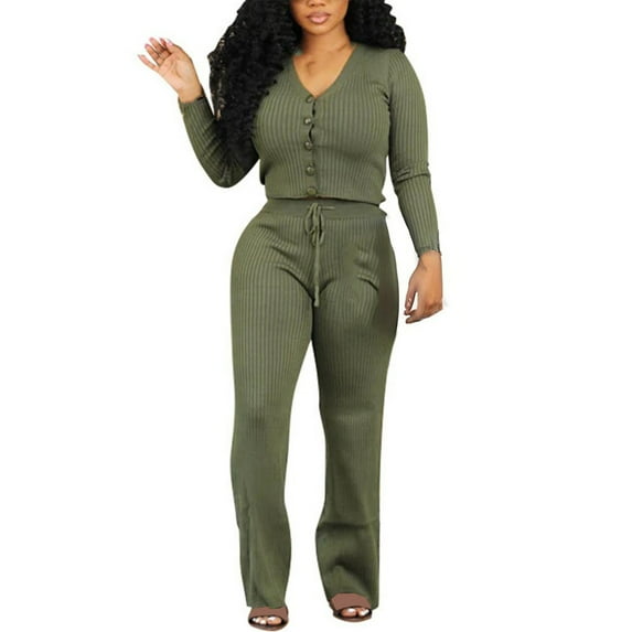 cfhntfmh Womens Lounge Sets 2 Piece Matching Pajamas Outfits Fall Fashion Ribbed Knit Sets Long Sleeve Comfy Loungewear(Army Green,Large)
