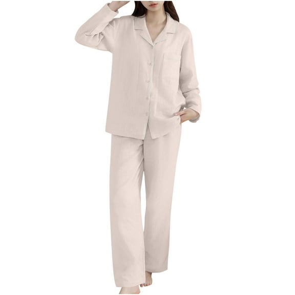 cfhntfmh Womens Lounge Sets 2 Piece Pajama Sets Collared Long Sleeve Buttons down Shirts Loose Wide Leg Pants Sleepwear