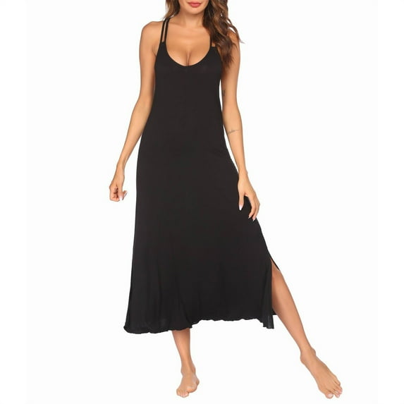 cfhntfmh Womens Nightgowns Comfy Sleeveless Scoop Neck Spaghetti Strap Sleepdress Soft Flowy Side Slit Sleepwear Long Nightshirts